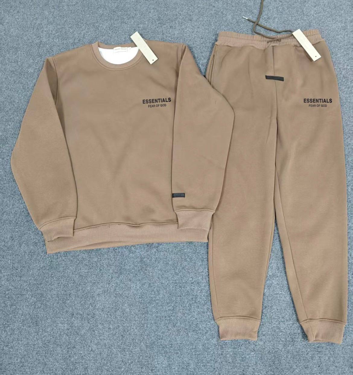 Fear of God Essentials beige sweatshirt and joggers tracksuit set