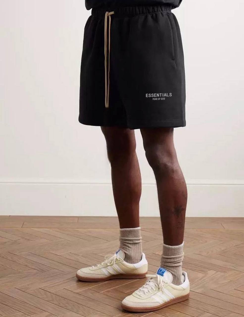 Fear of God ESSENTIALS black logo drawstring shorts