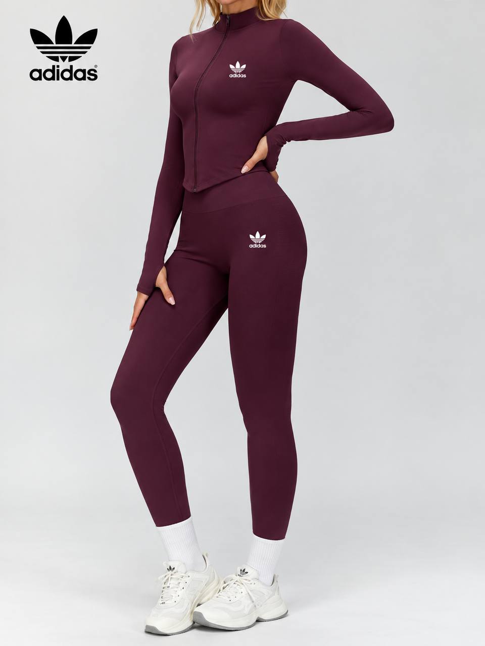 Adidas burgundy matching long-sleeve crop top and leggings set